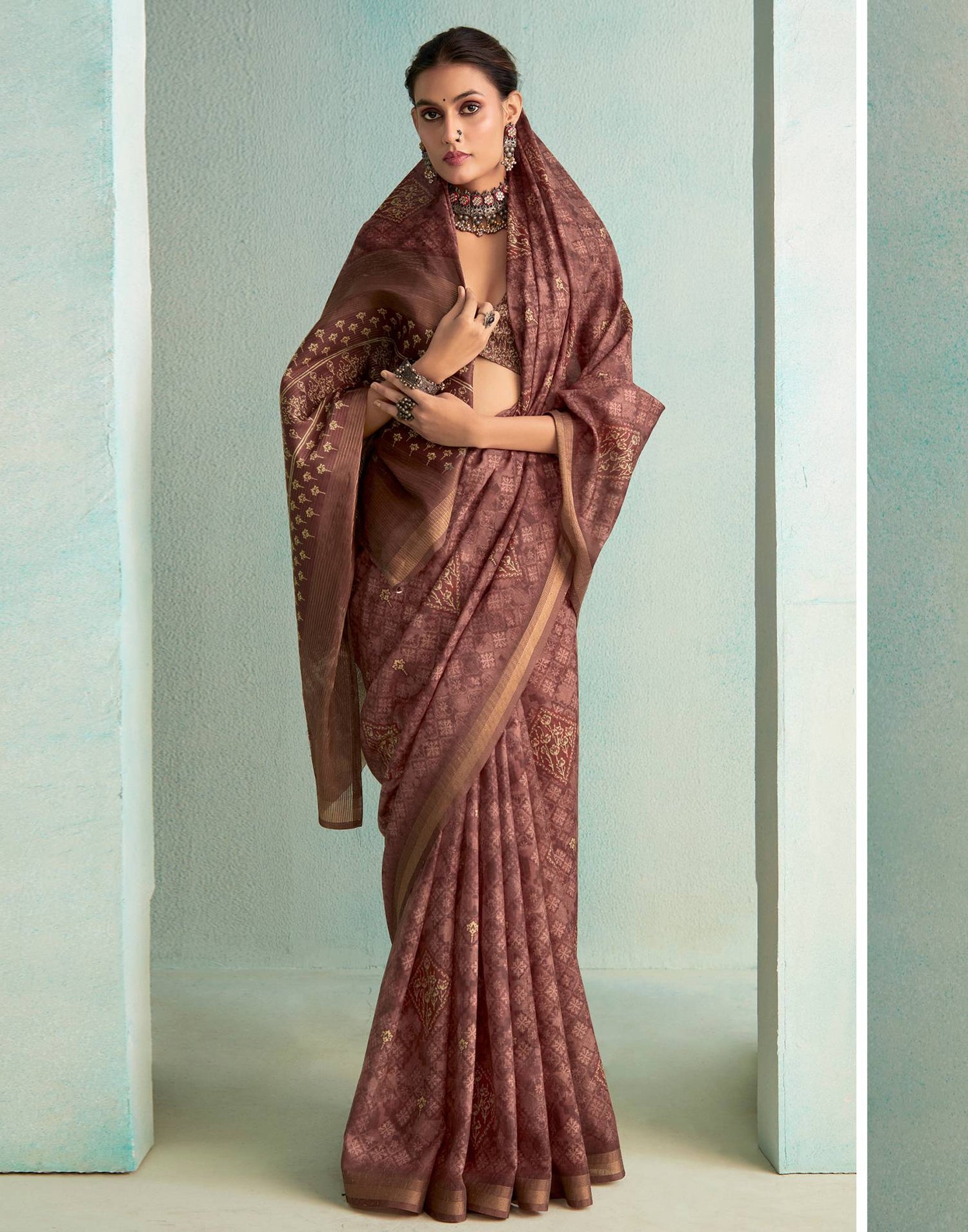 Chestnut Brown Printed Silk Saree