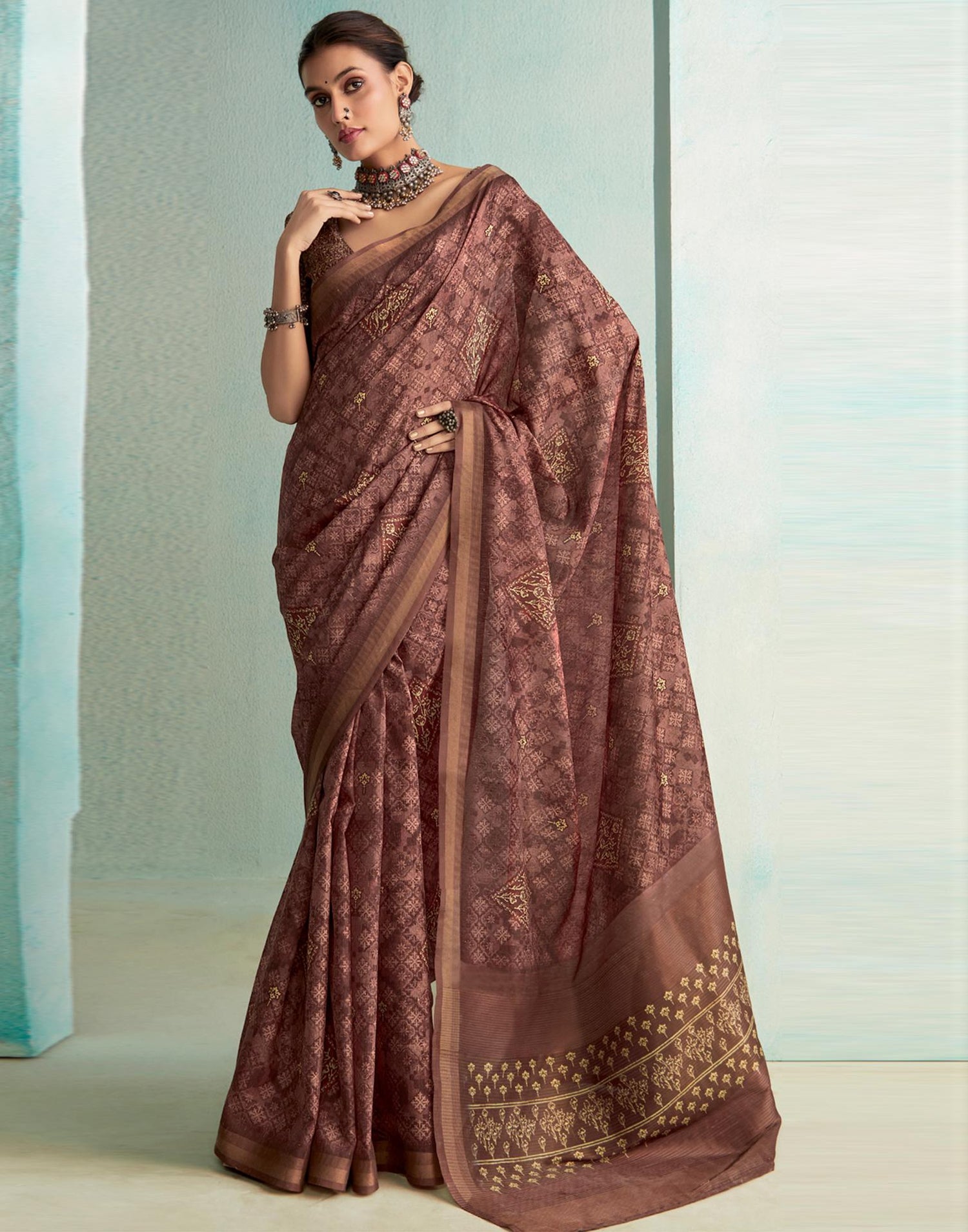 Chestnut Brown Printed Silk Saree