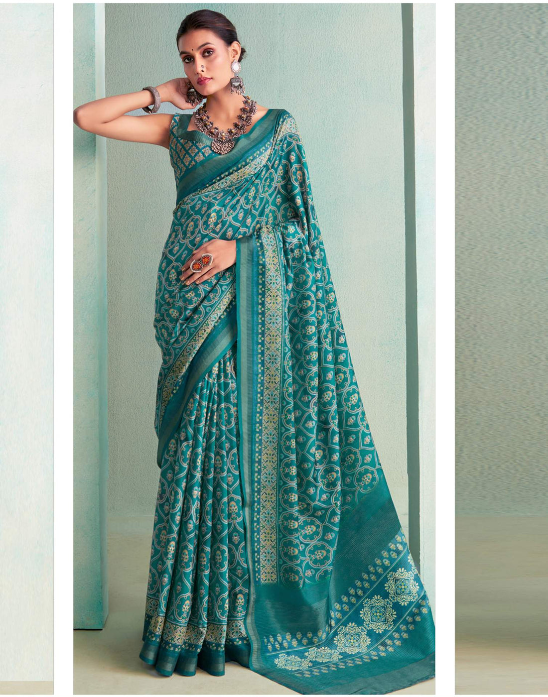 Teal Blue Printed Silk Saree