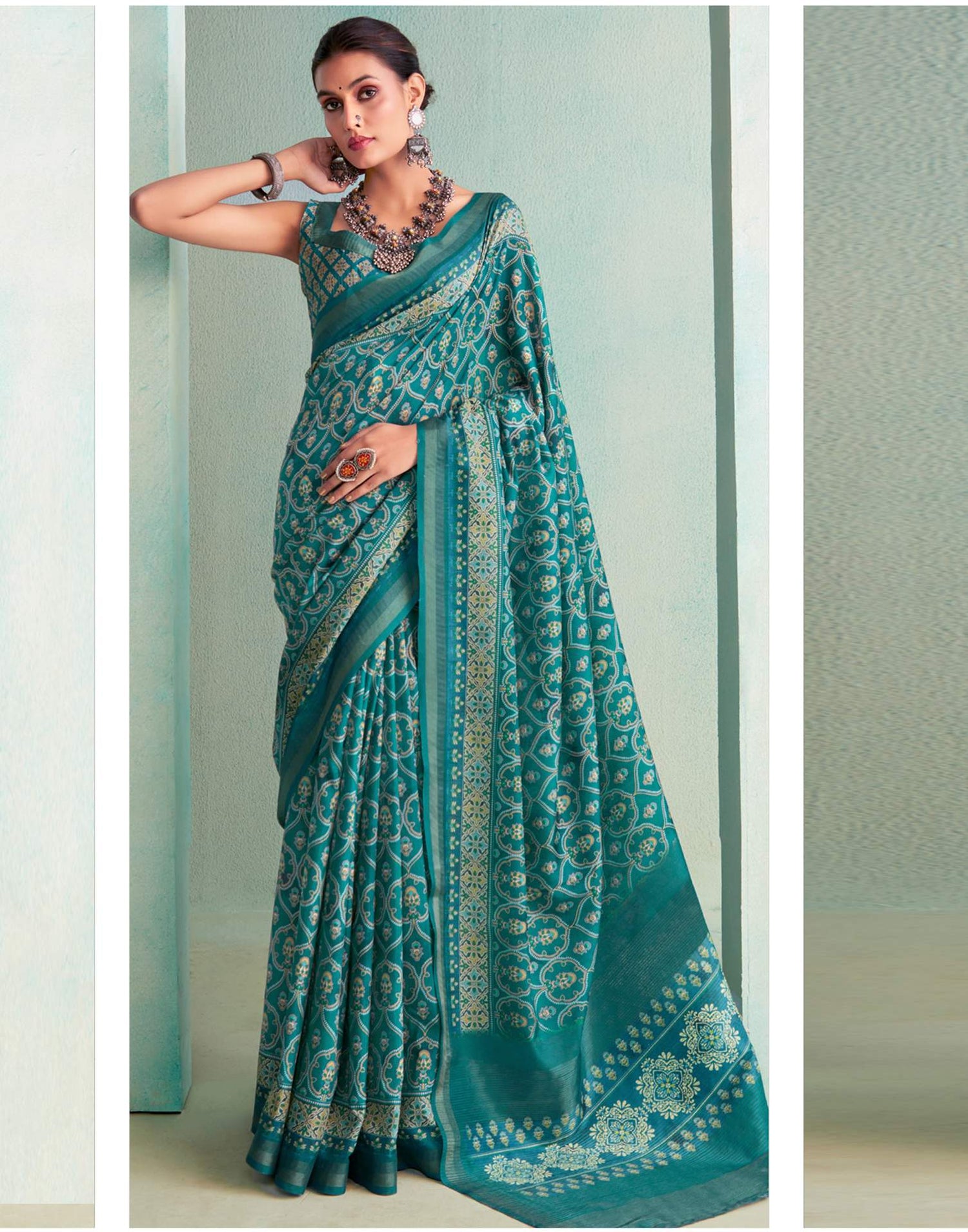 Teal Blue Printed Silk Saree