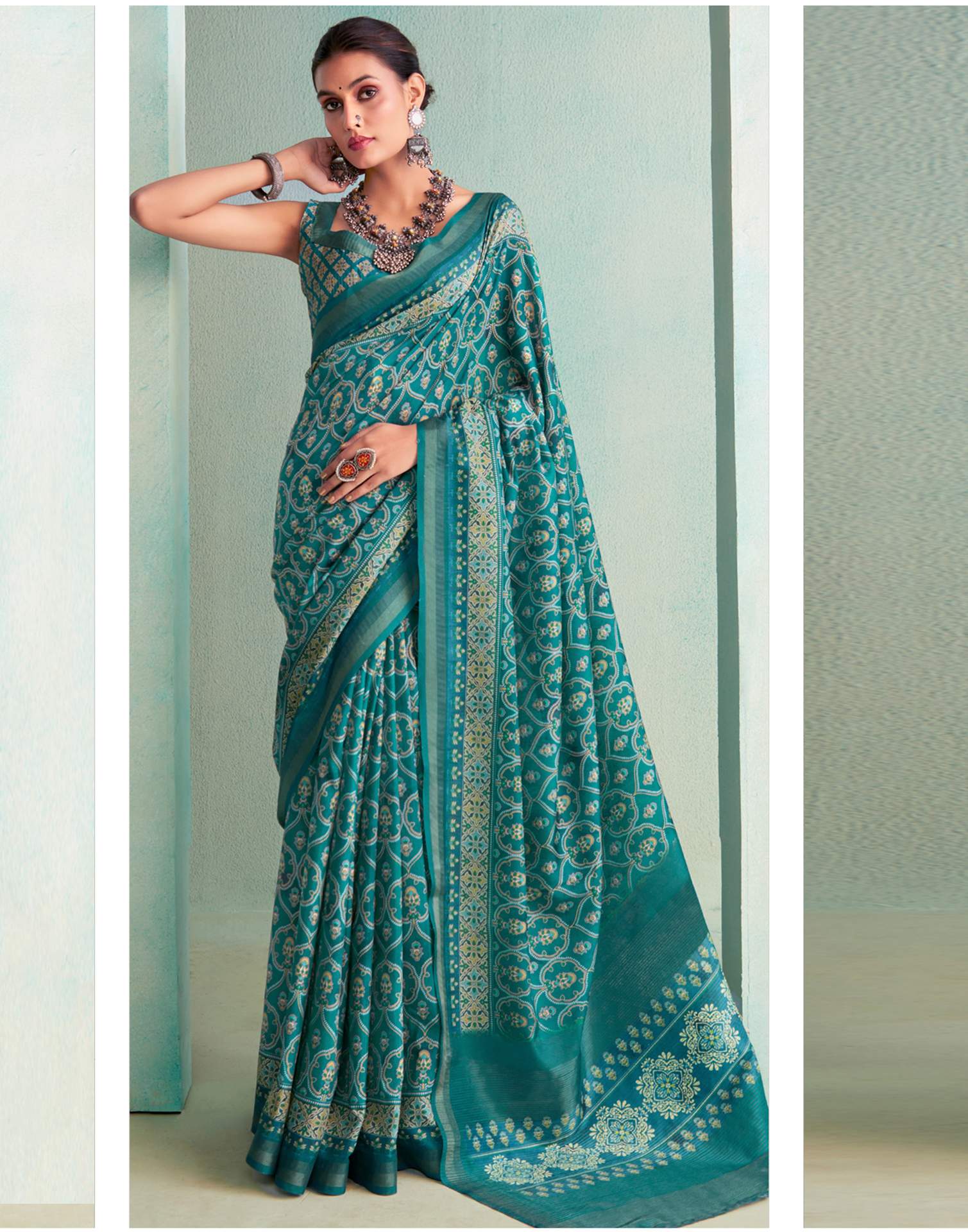 Teal Blue Printed Silk Saree