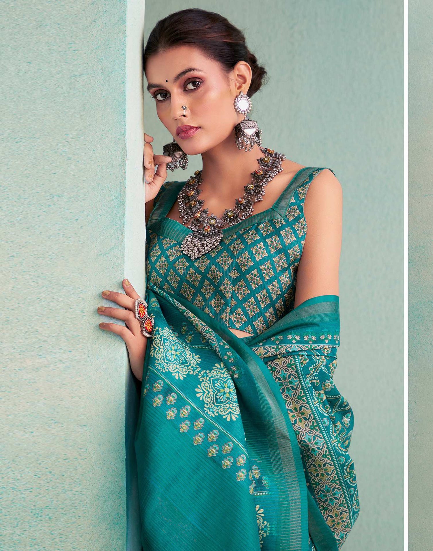 Teal Blue Printed Silk Saree