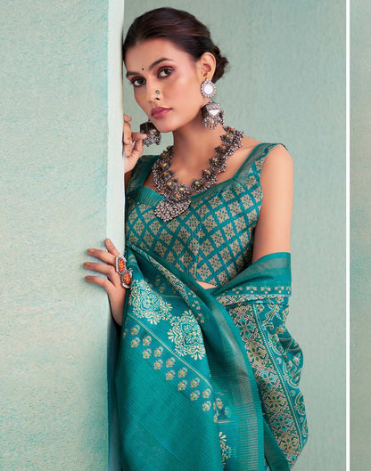 Teal Blue Printed Silk Saree