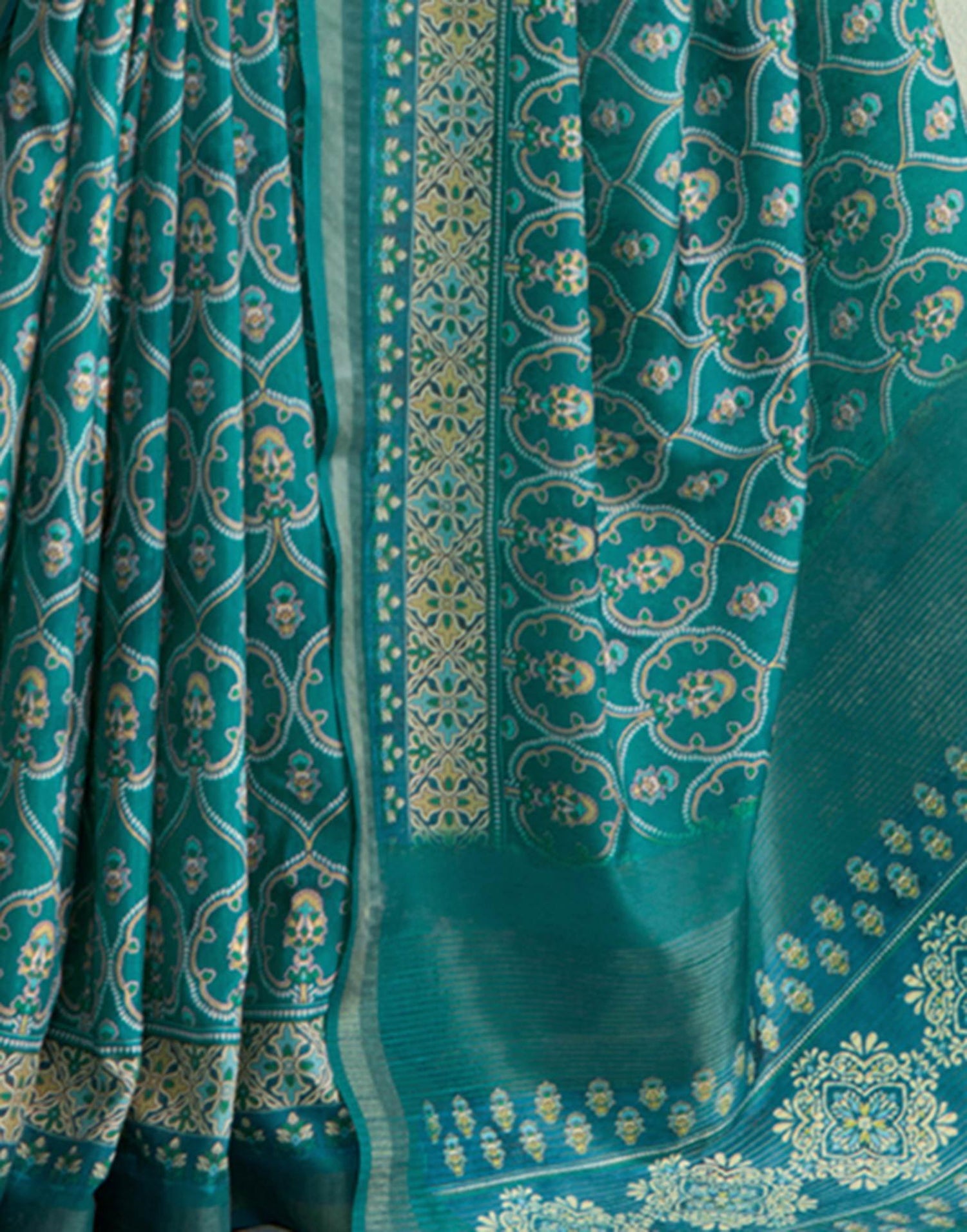 Teal Blue Printed Silk Saree