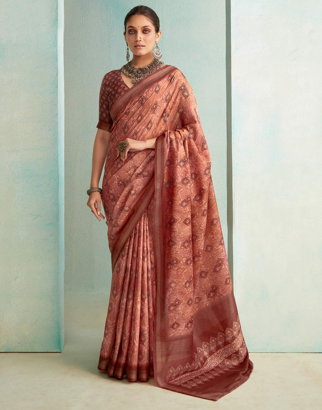 Dusty Orange Printed Silk Saree