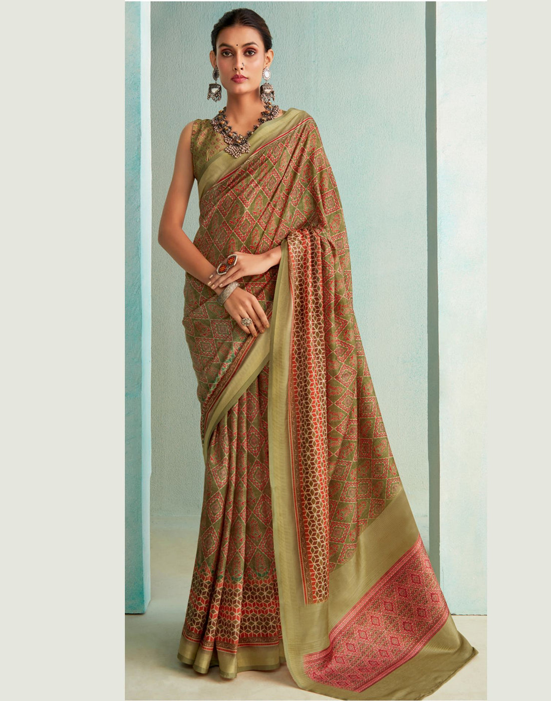 Olive Green Printed Silk Saree