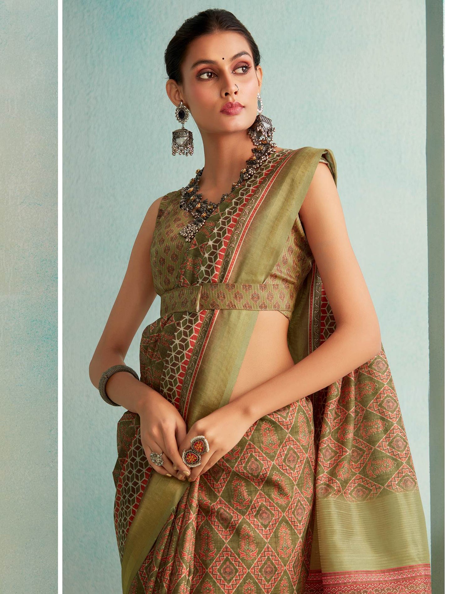 Olive Green Printed Silk Saree