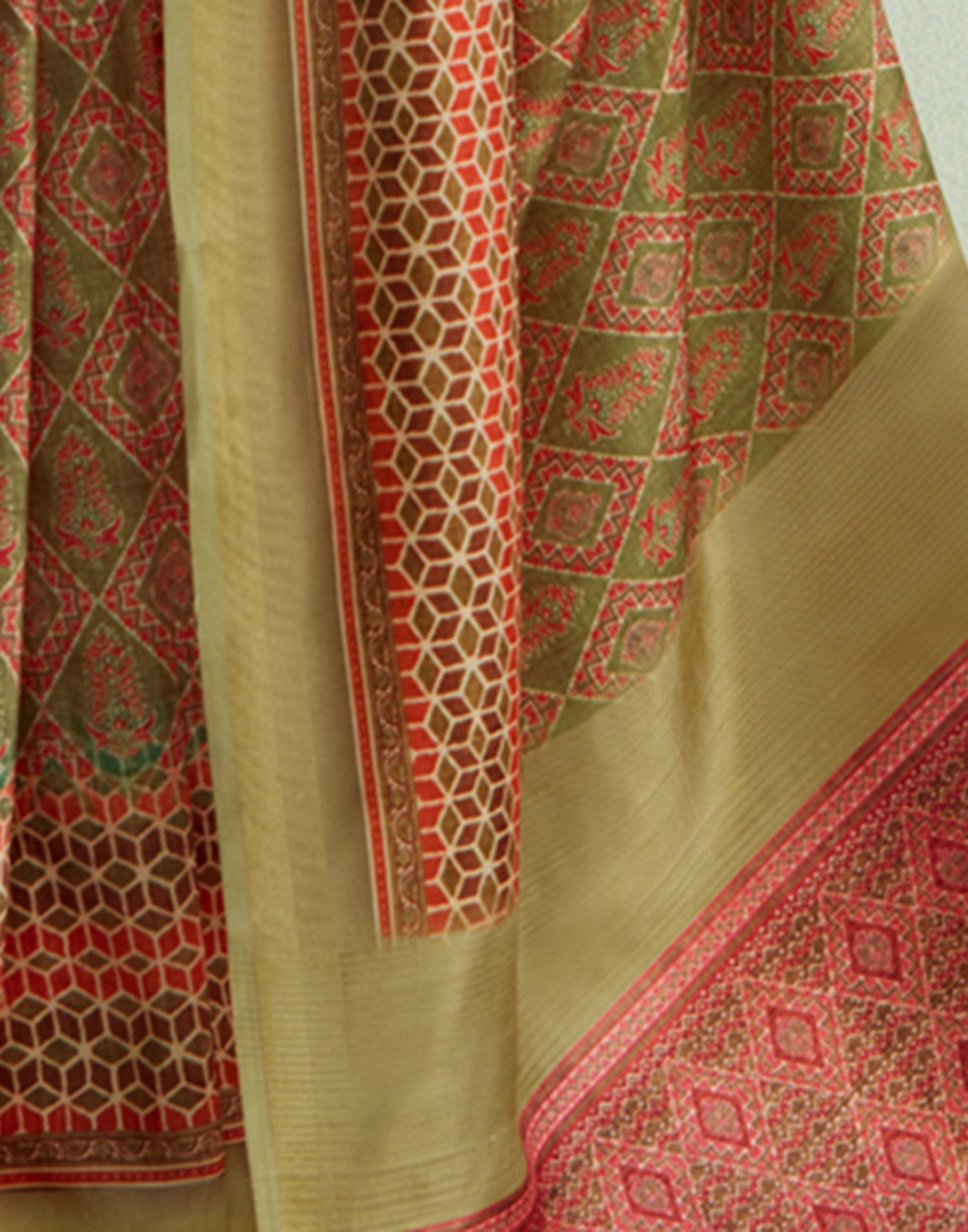 Olive Green Printed Silk Saree
