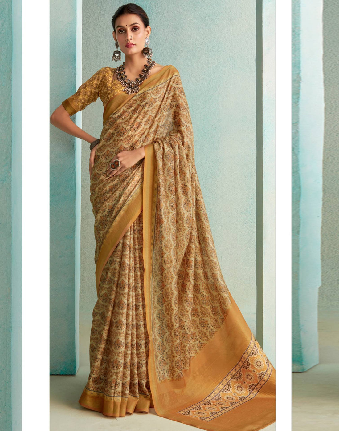 Mustard Yellow Printed Silk Saree