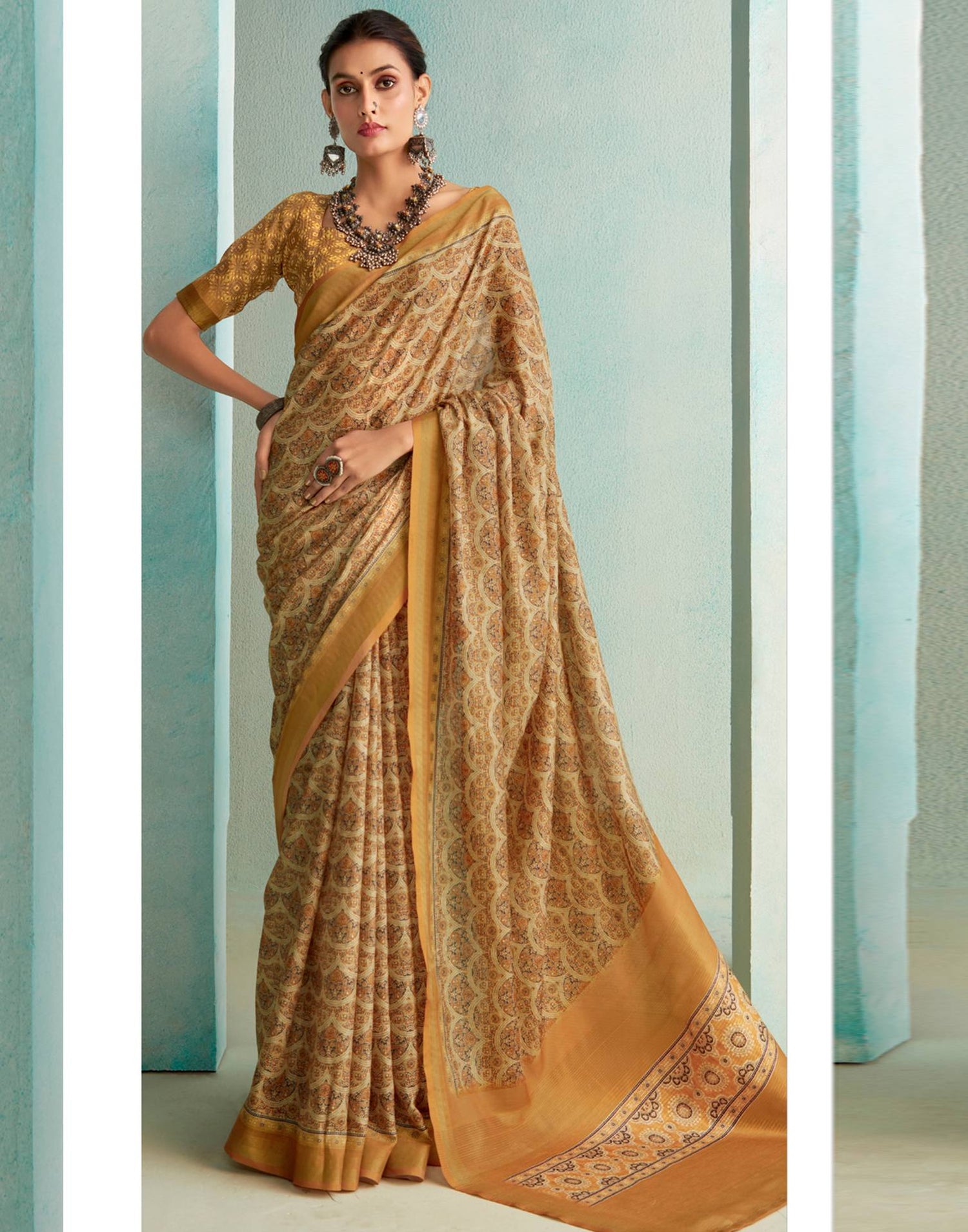 Mustard Yellow Printed Silk Saree
