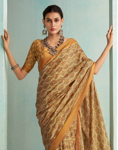 Mustard Yellow Printed Silk Saree