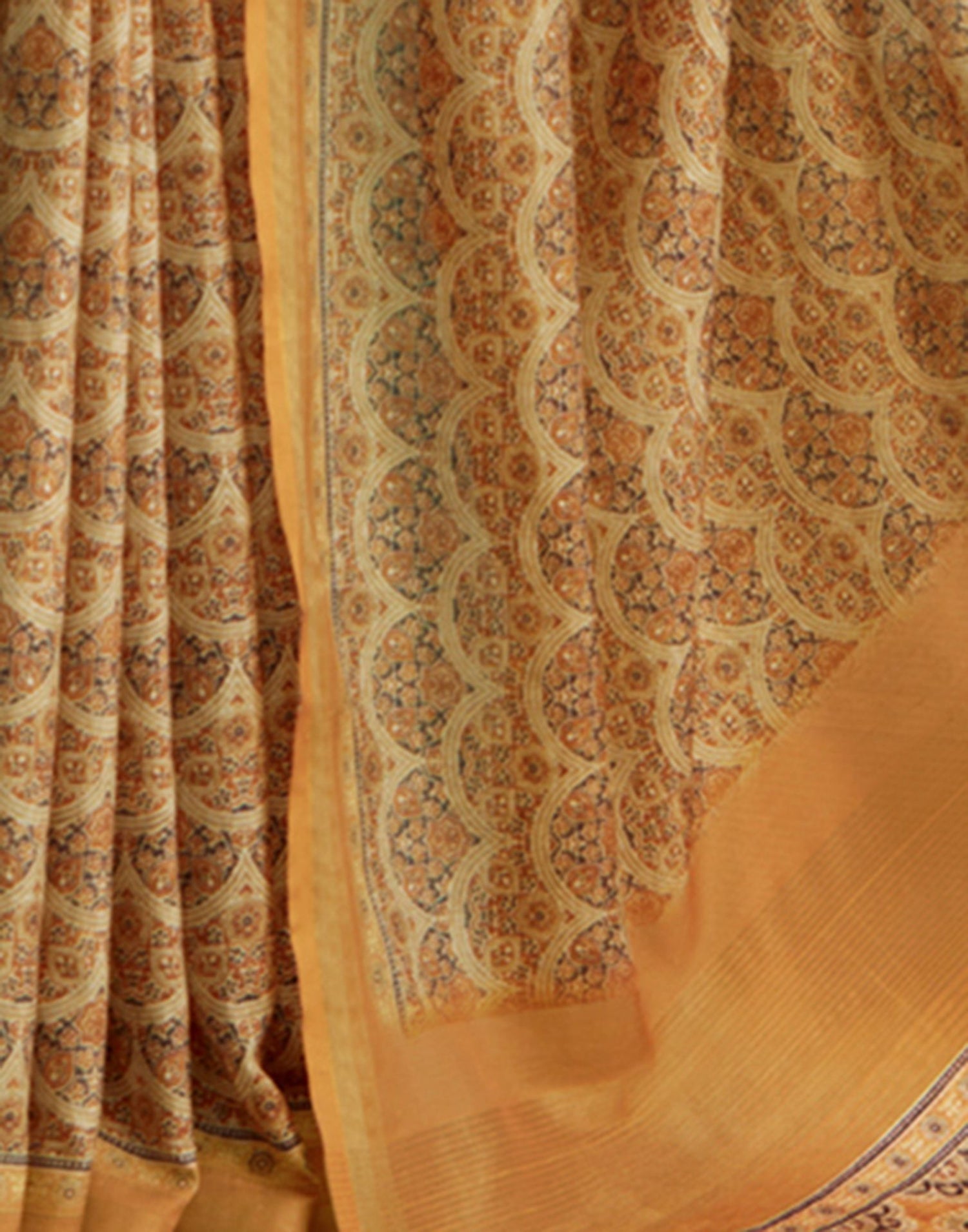 Mustard Yellow Printed Silk Saree