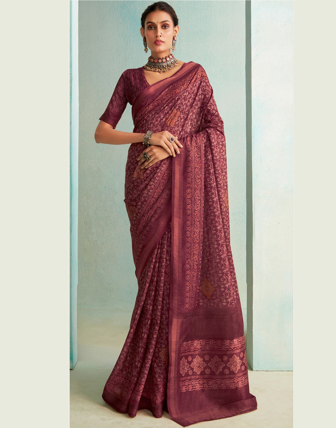 Maroon Printed Silk Saree