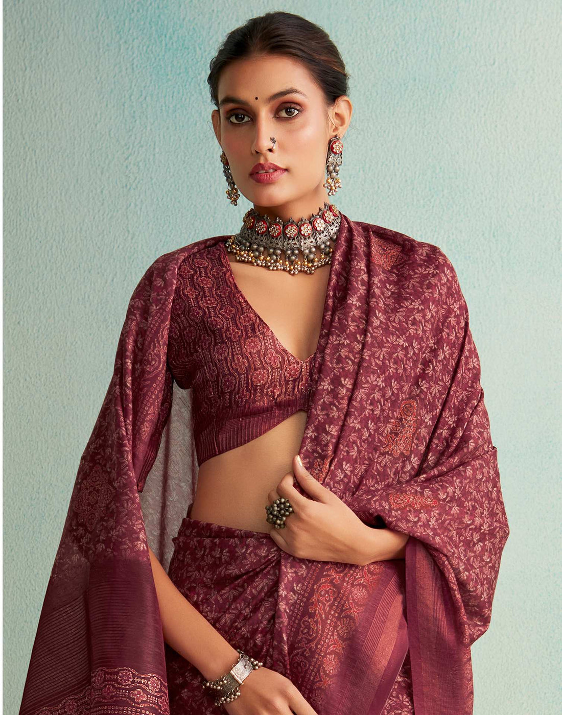 Maroon Printed Silk Saree