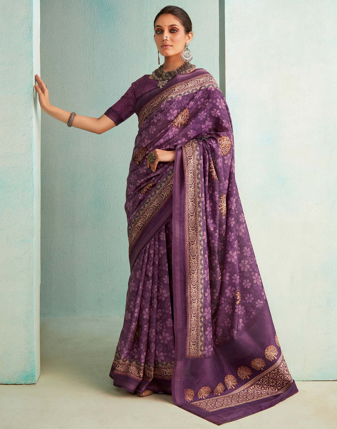 Dark Purple Printed Silk Saree