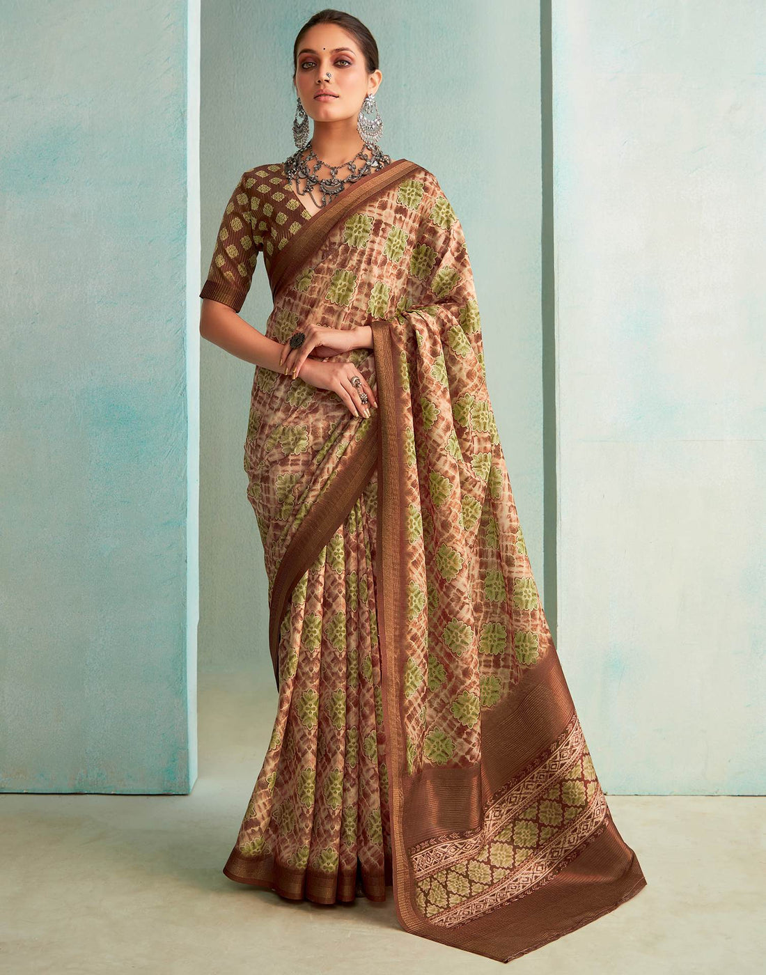 Brown Printed Silk Saree