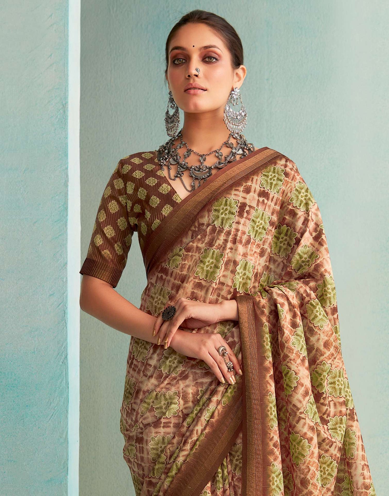 Brown Printed Silk Saree