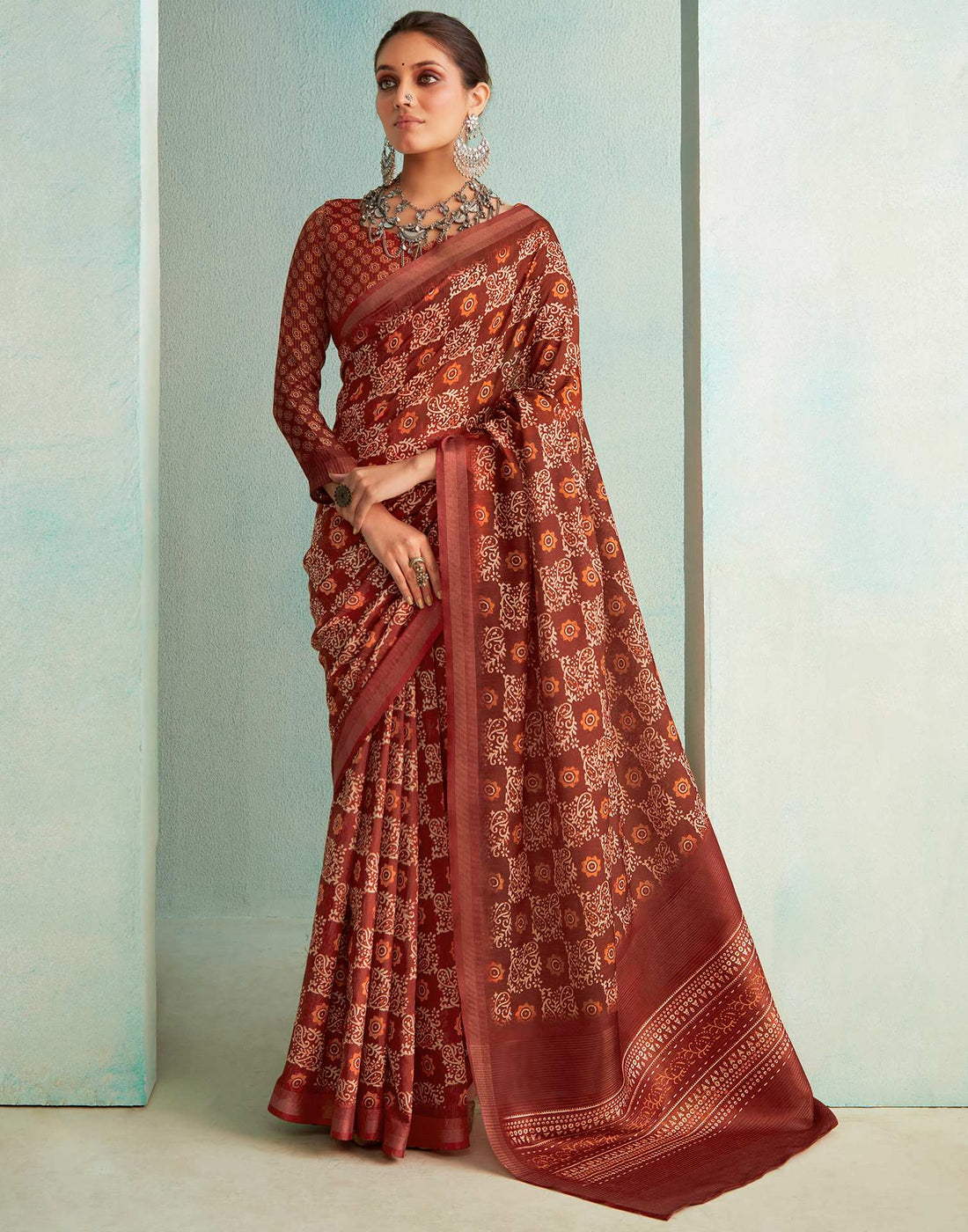 Crimson Red Printed Silk Saree