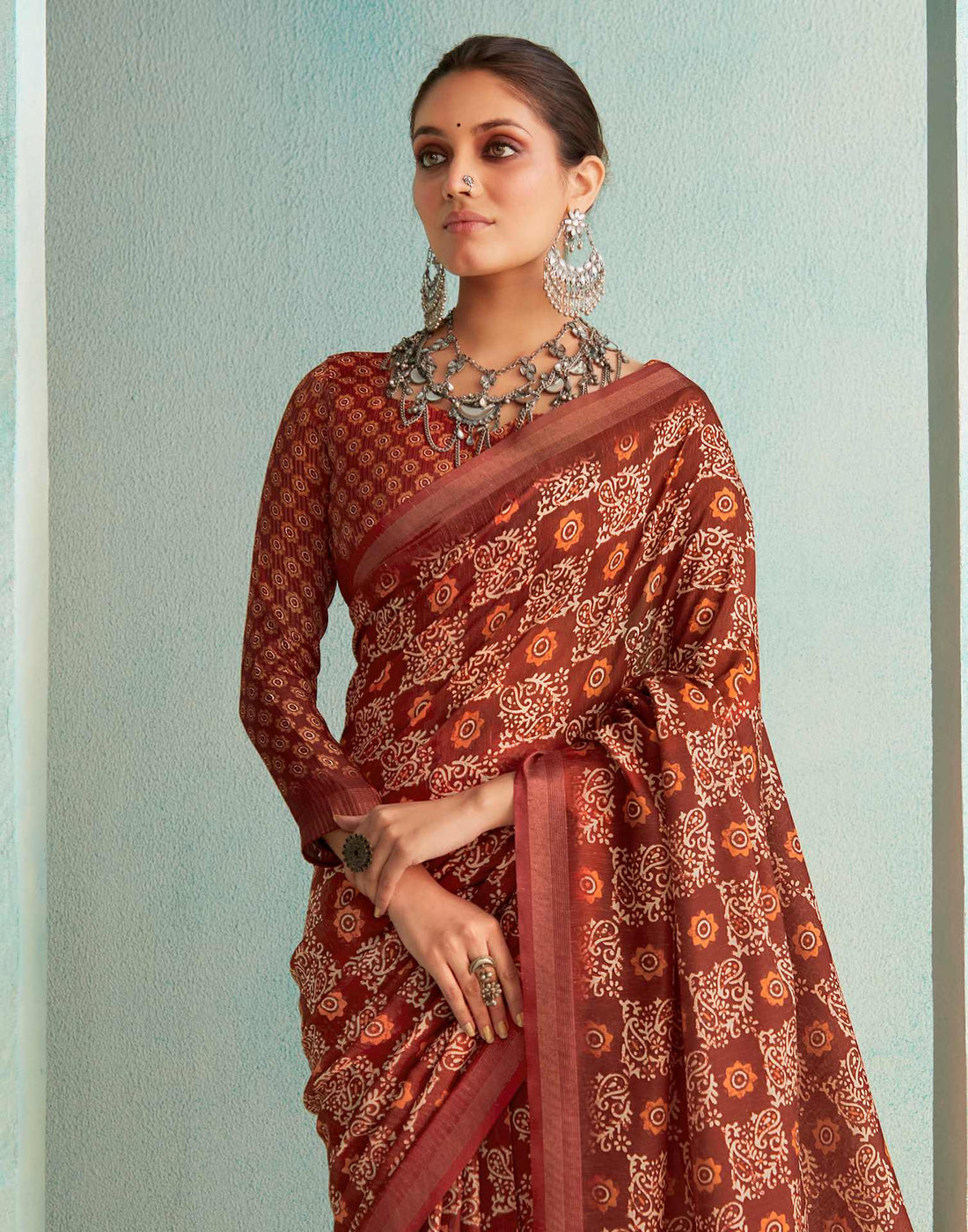 Crimson Red Printed Silk Saree