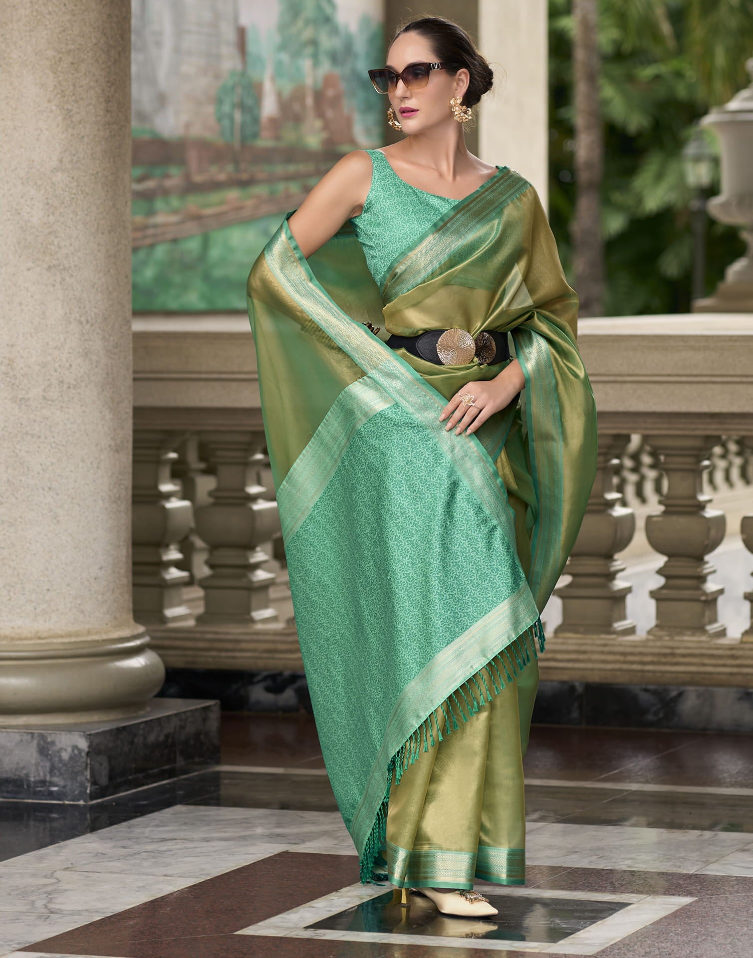 Teal Green Silk Woven Saree