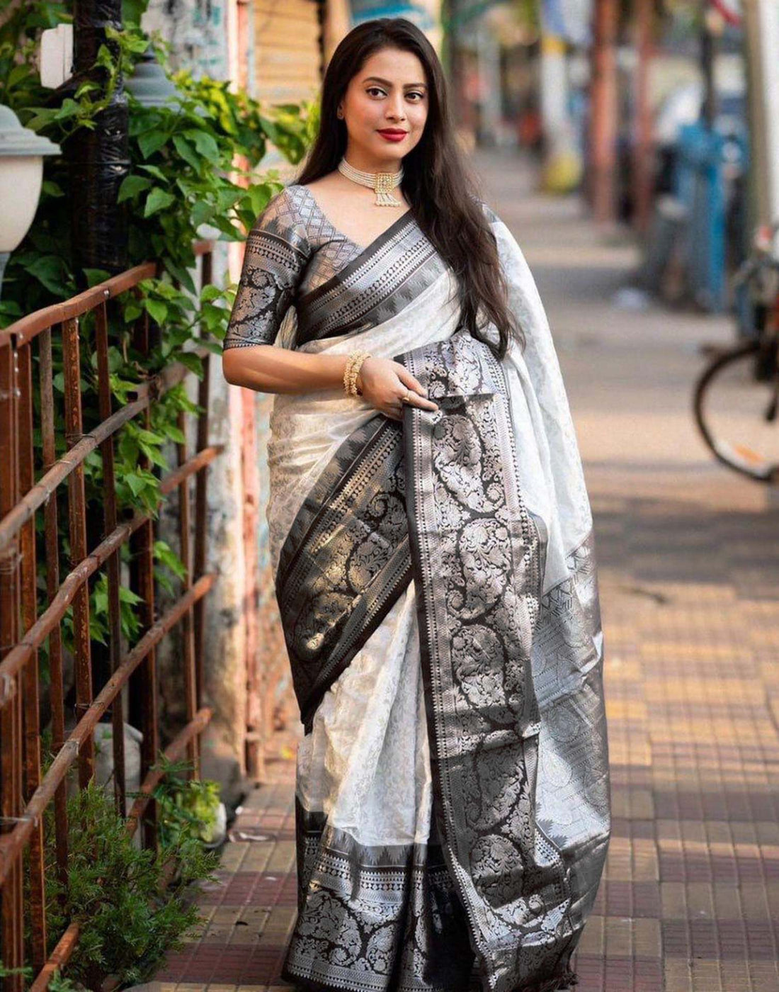 White Jacquard Silk Saree