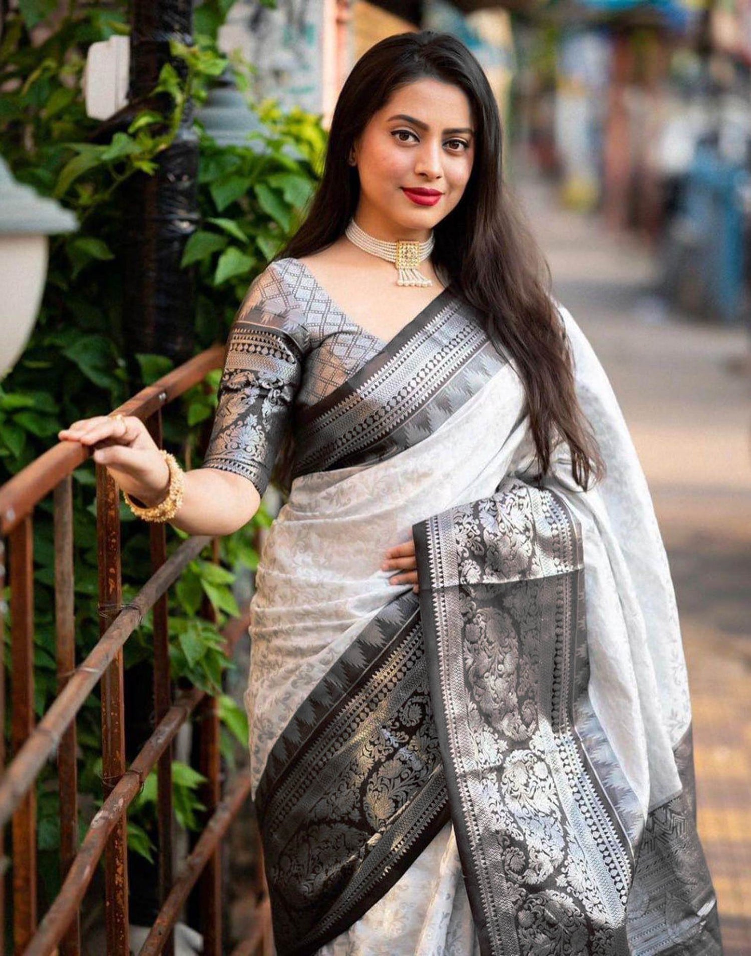 White Jacquard Silk Saree
