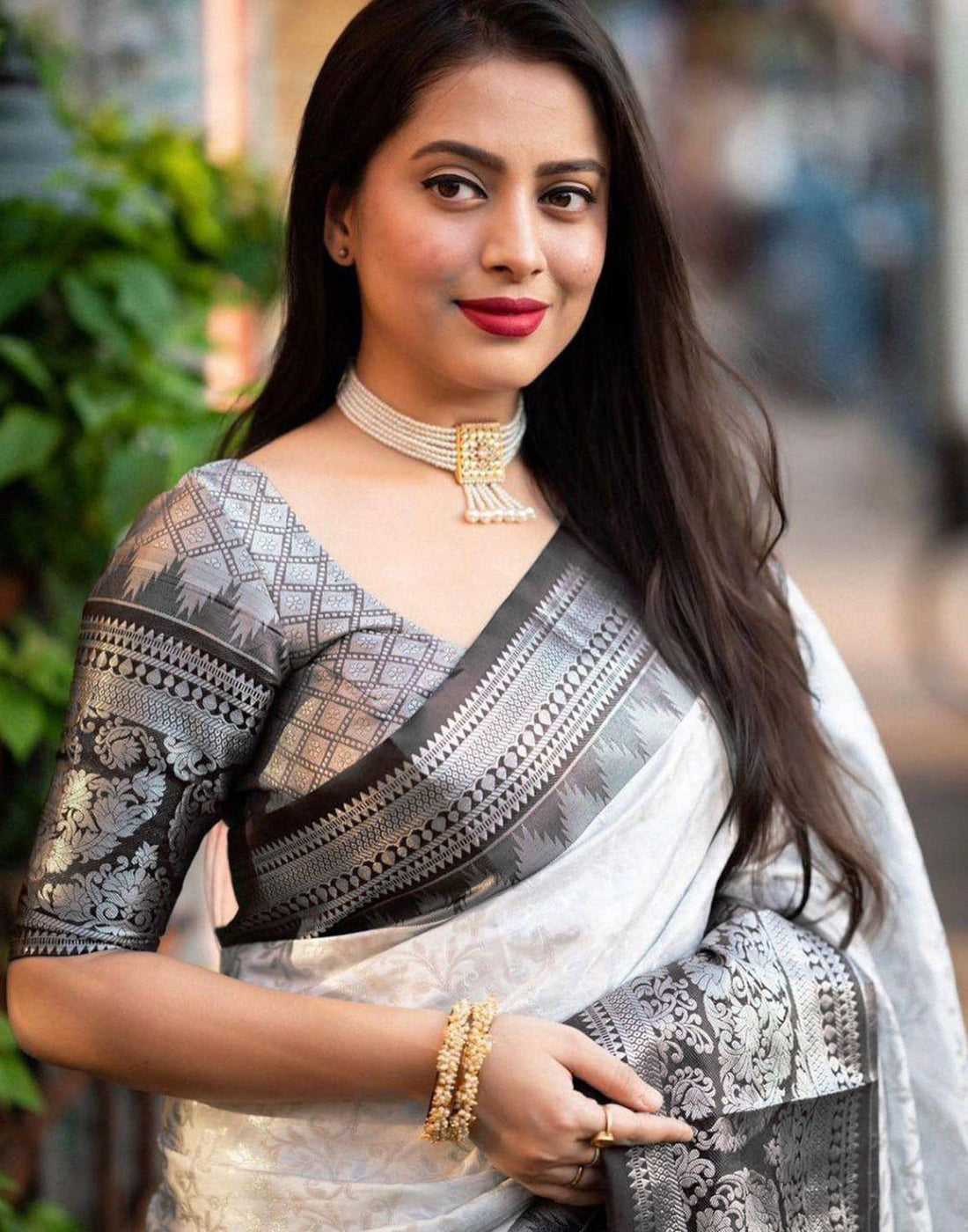 White Jacquard Silk Saree