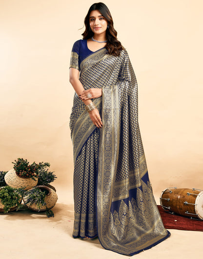 Navy Blue Silk Woven Banarasi Saree