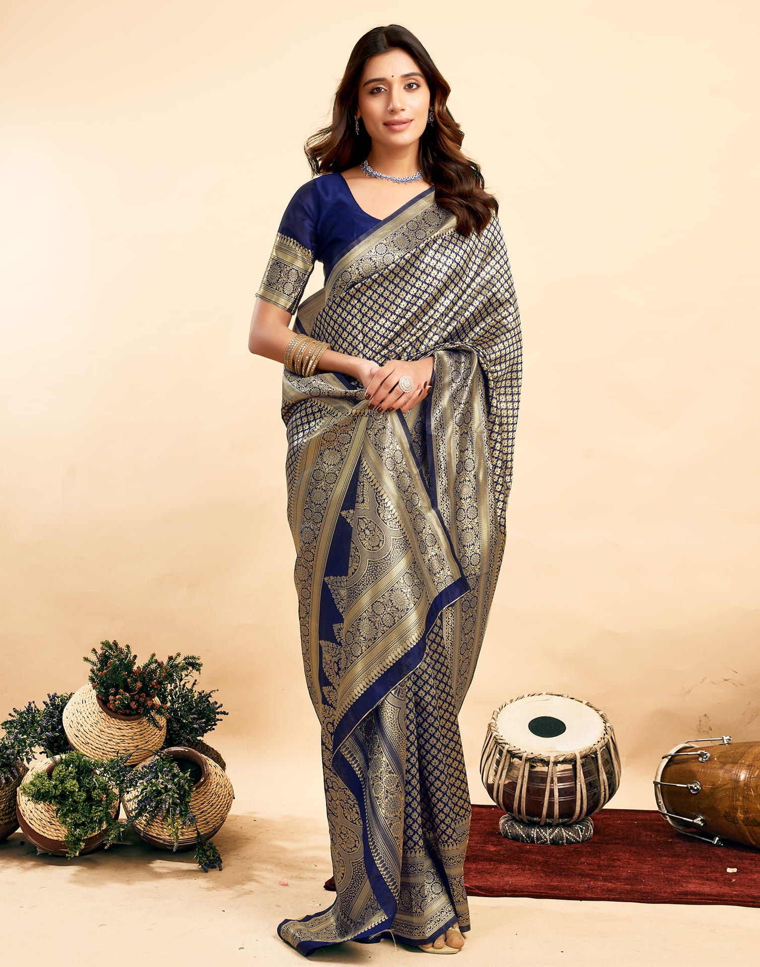 Navy Blue Silk Woven Banarasi Saree