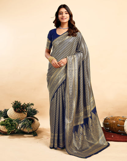 Navy Blue Silk Woven Banarasi Saree