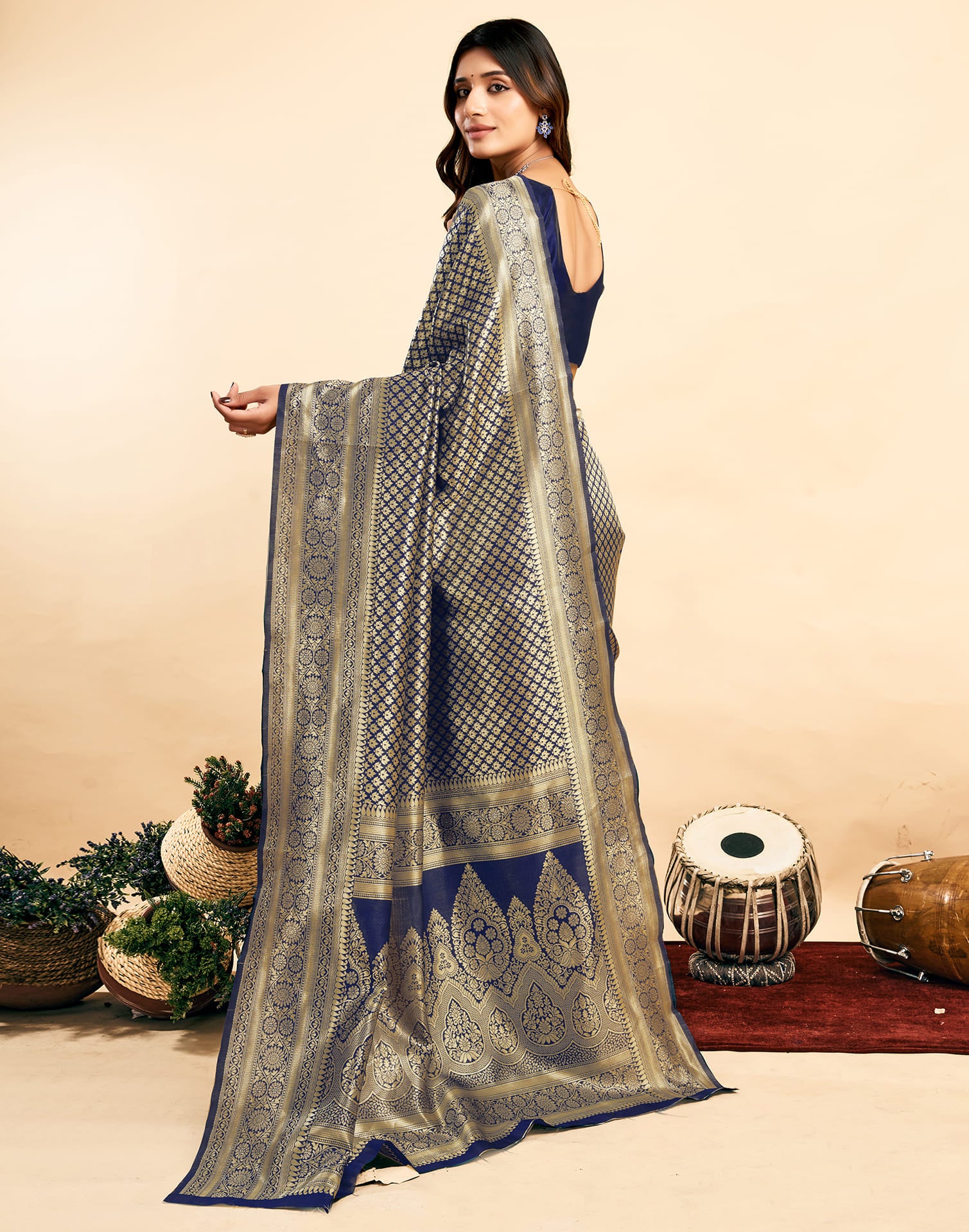 Navy Blue Silk Woven Banarasi Saree