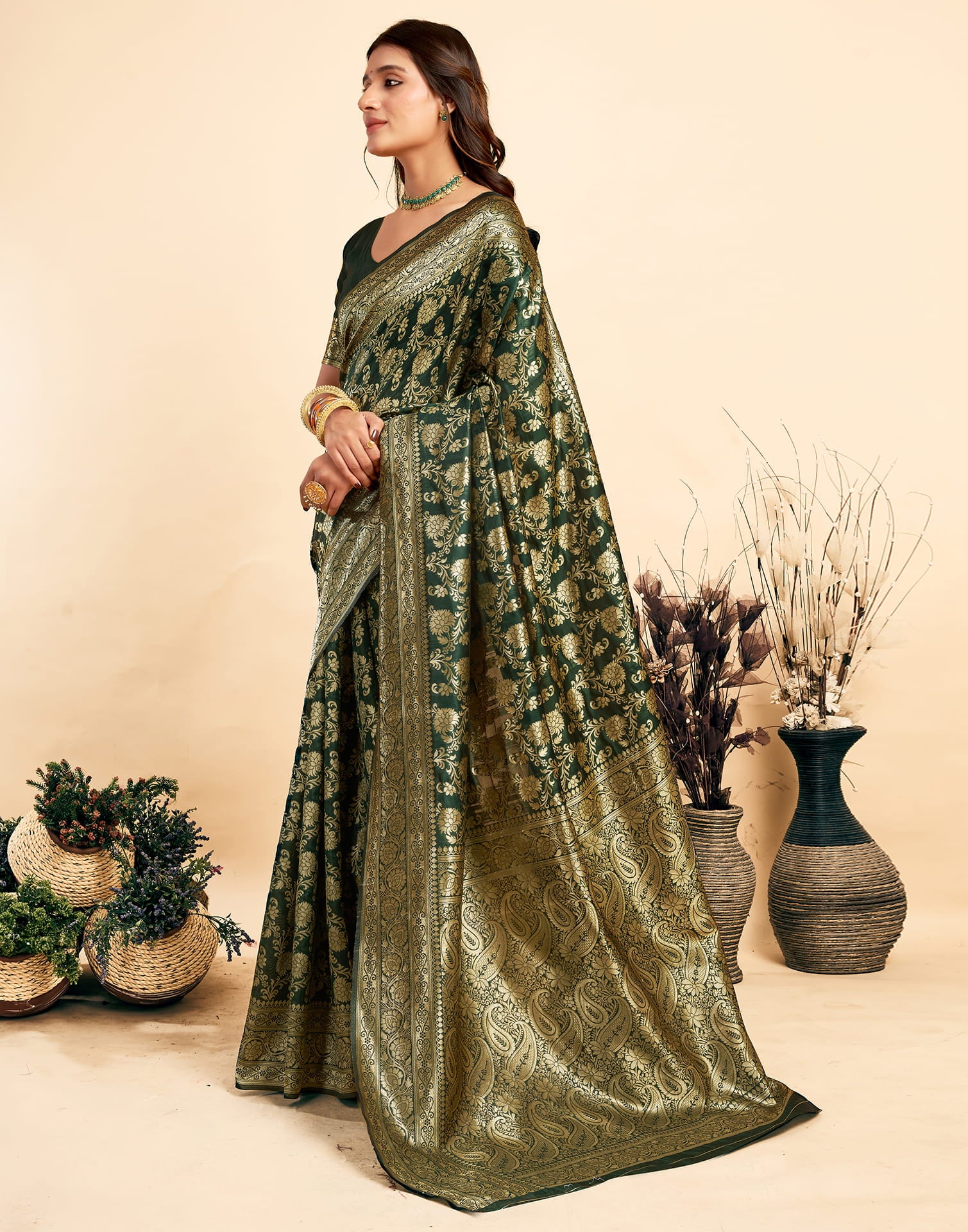 Dark Green Silk Woven Banarasi Saree