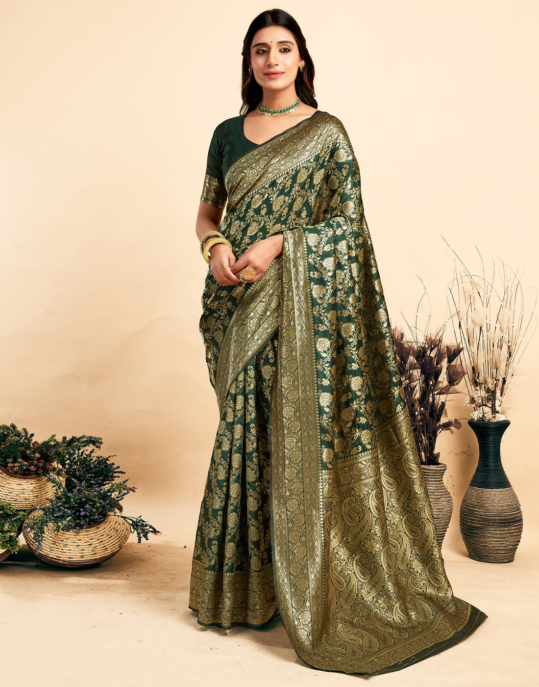 Dark Green Silk Woven Banarasi Saree