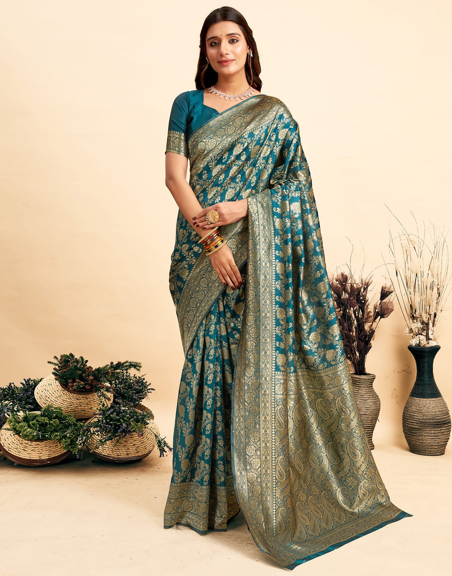 Rama Blue Silk Woven Banarasi Saree