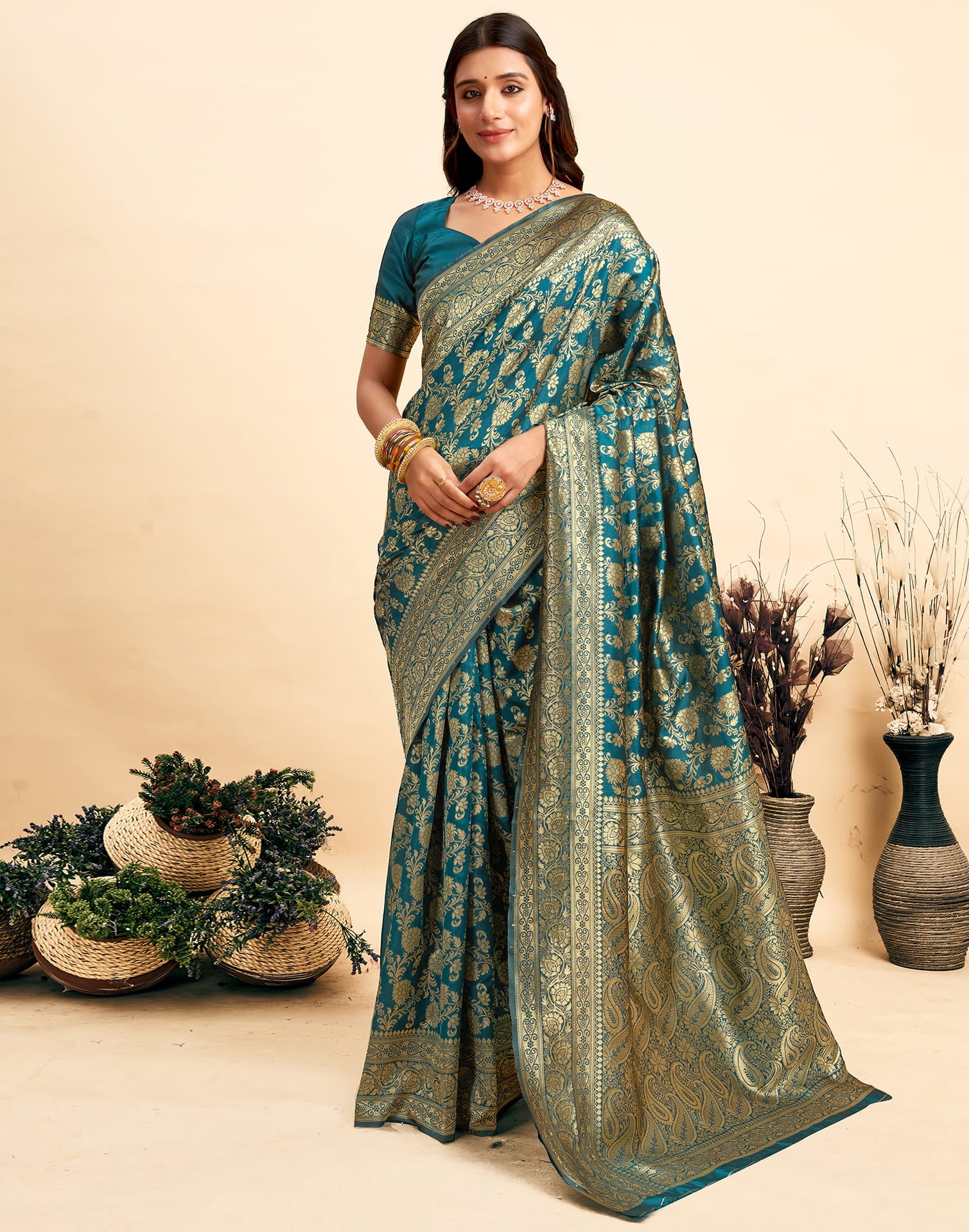 Rama Blue Silk Woven Banarasi Saree