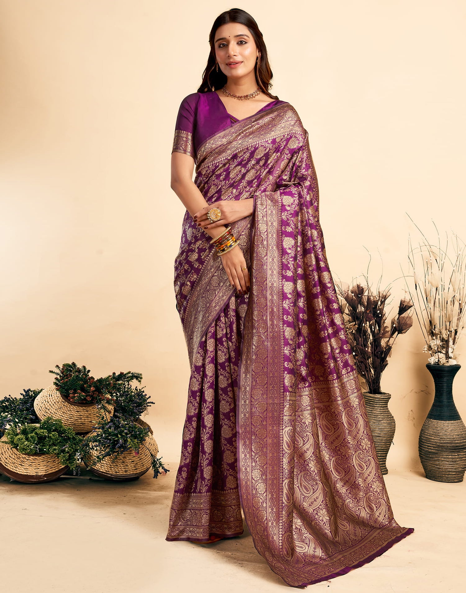 Dark Purple Silk Woven Banarasi Saree