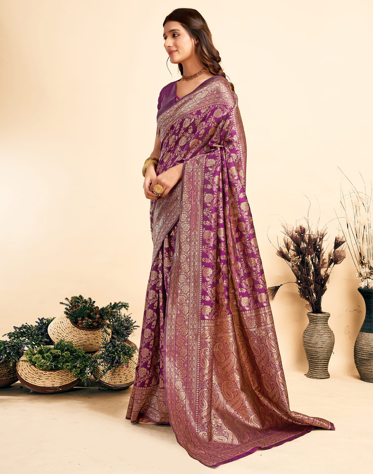 Dark Purple Silk Woven Banarasi Saree