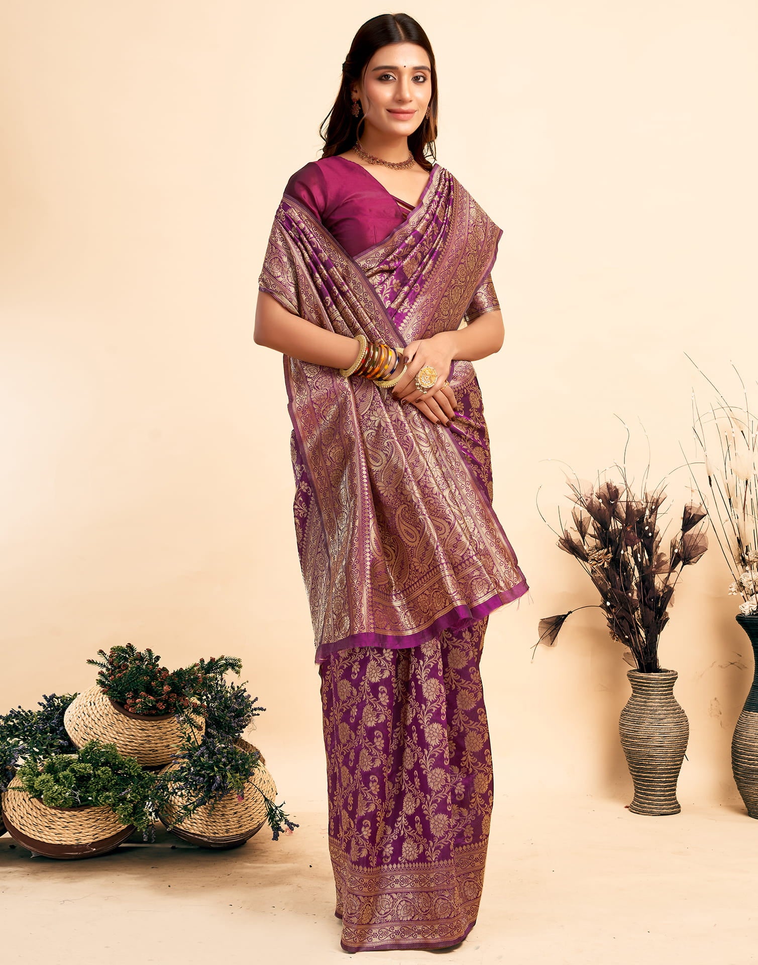 Dark Purple Woven Banarasi Silk Saree