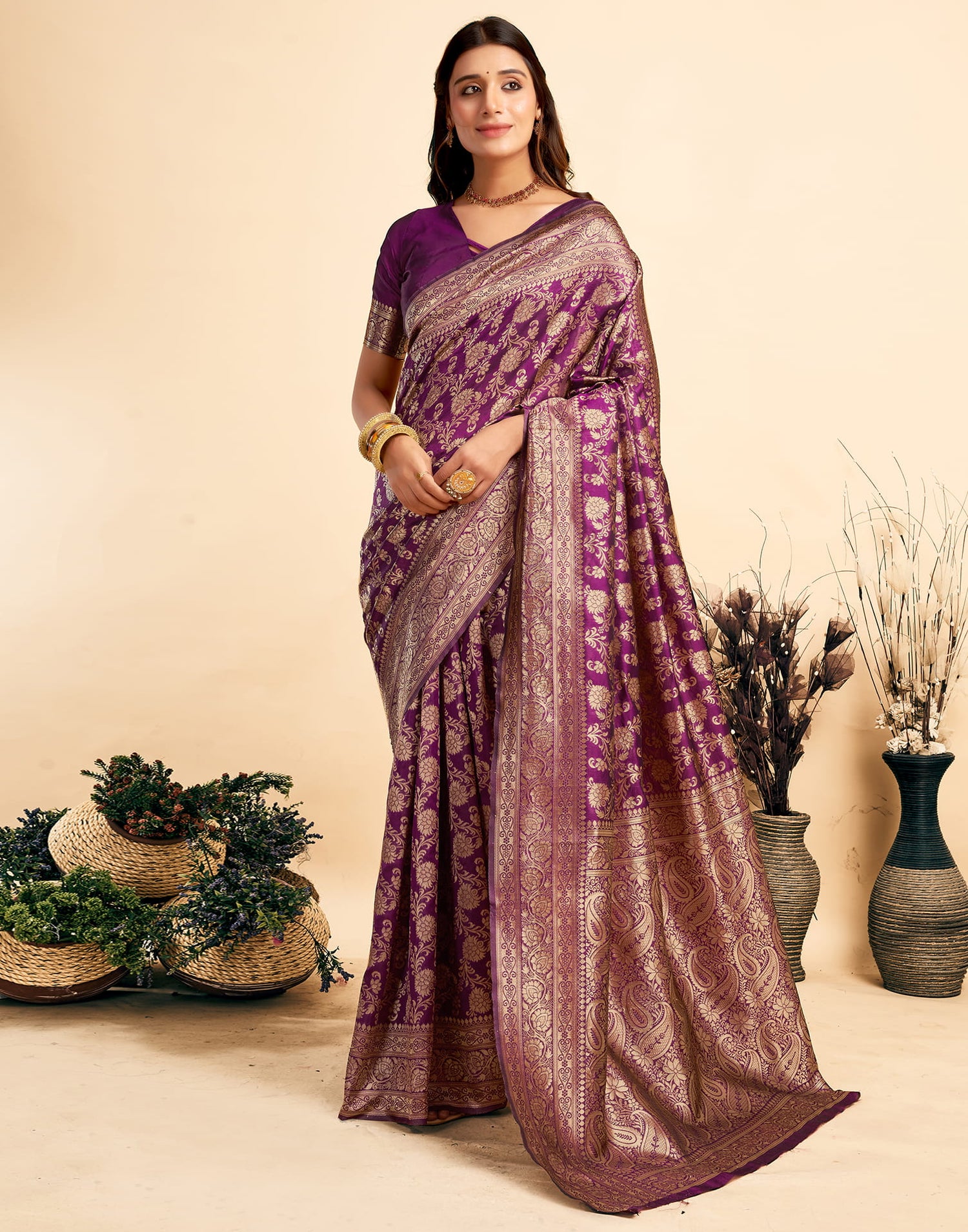 Dark Purple Woven Banarasi Silk Saree