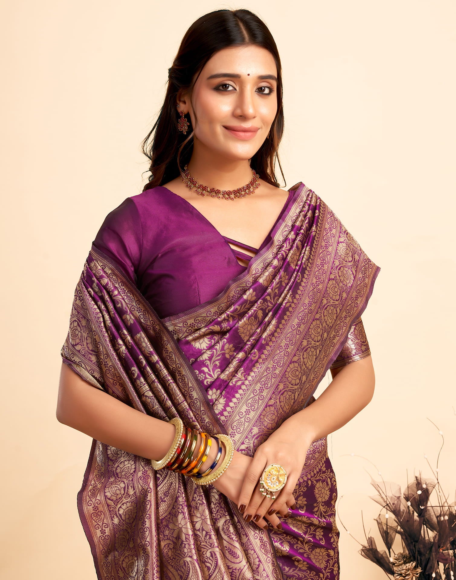 Dark Purple Woven Banarasi Silk Saree