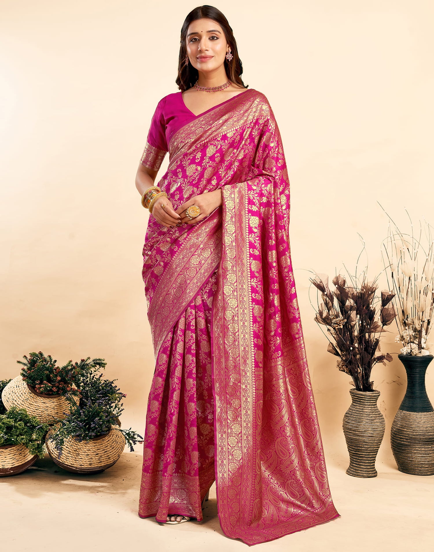 Rani Pink Silk Woven Banarasi Saree