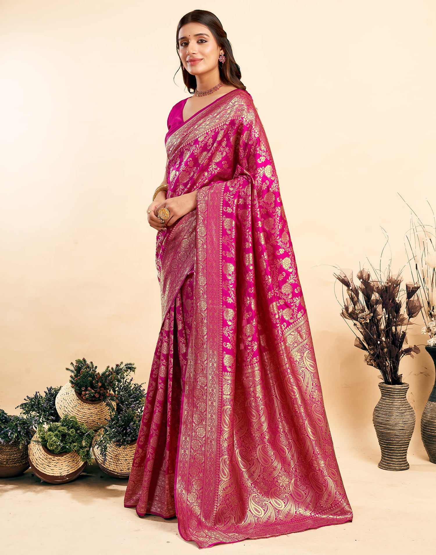 Rani Pink Silk Woven Banarasi Saree