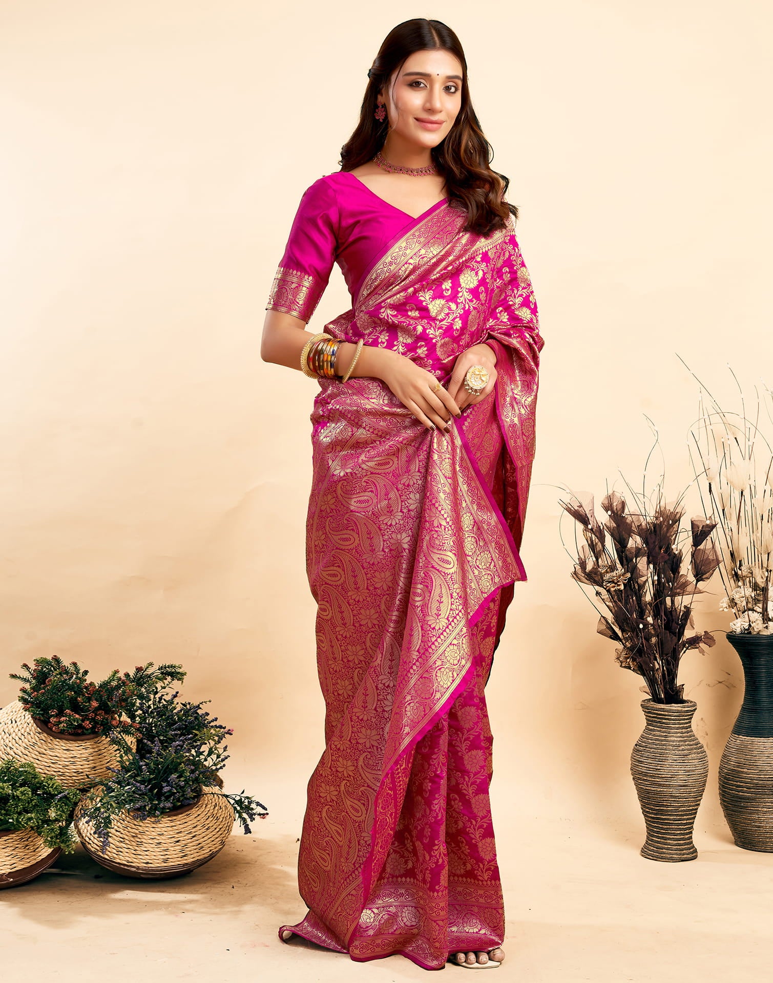 Rani Pink Silk Woven Banarasi Saree