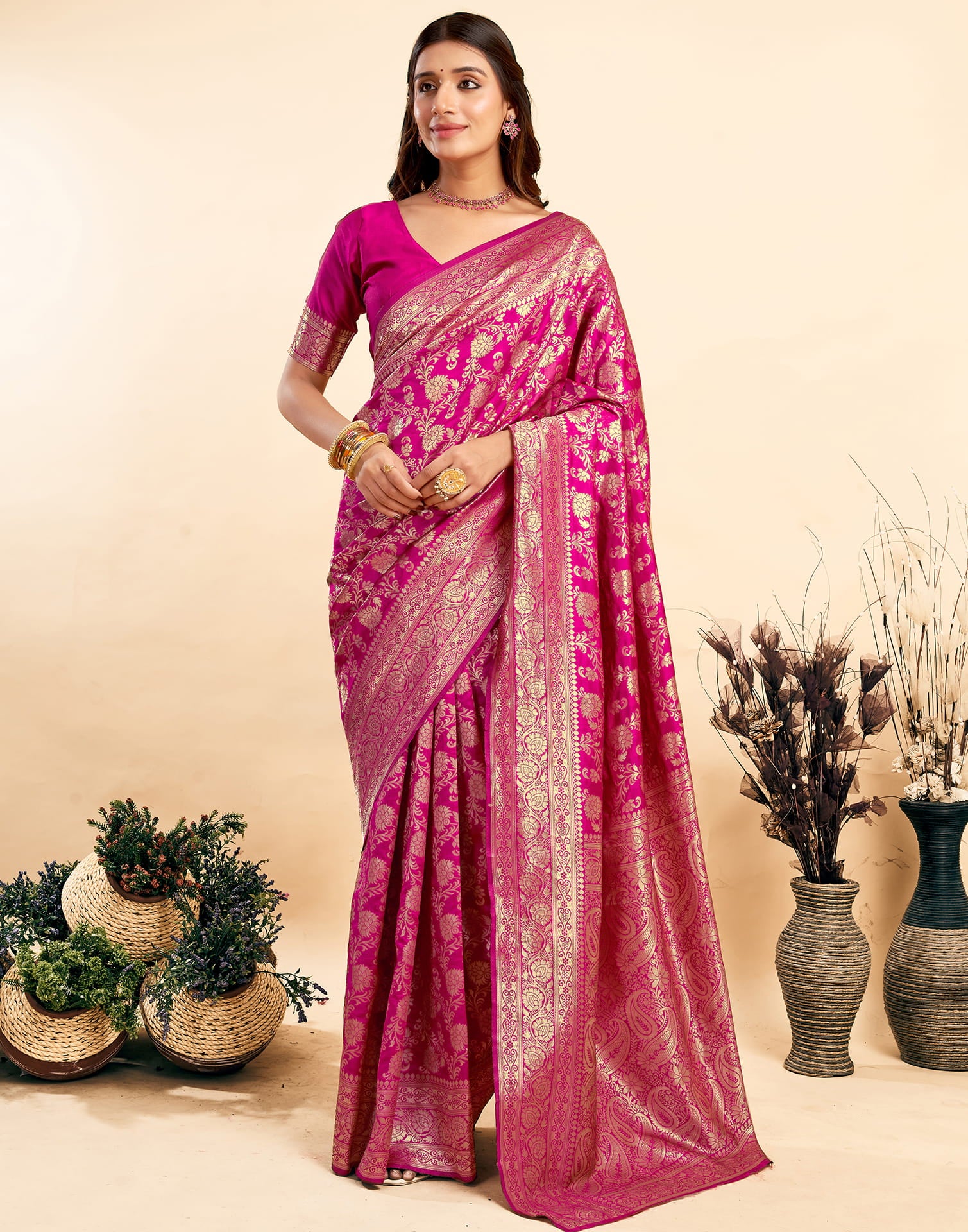 Rani Pink Silk Woven Banarasi Saree