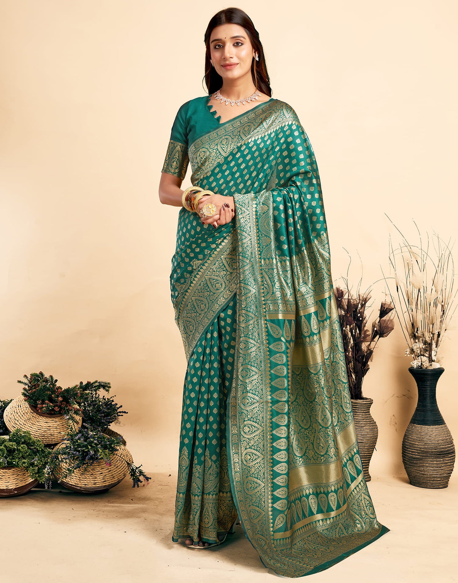 Teal Green Woven Banarasi Silk Saree