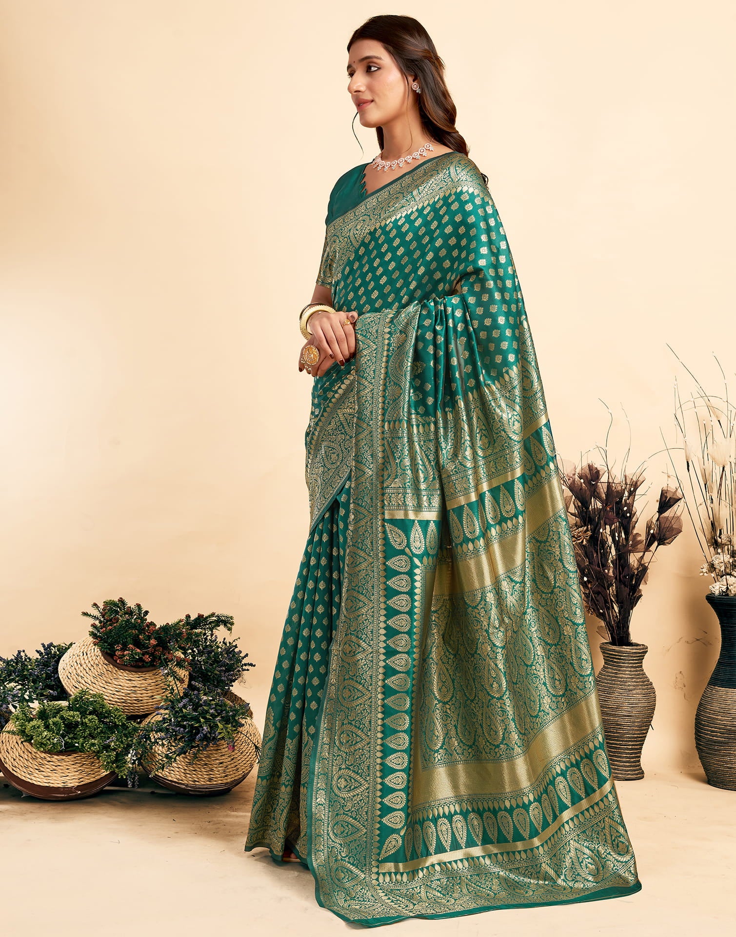 Teal Green Woven Banarasi Silk Saree