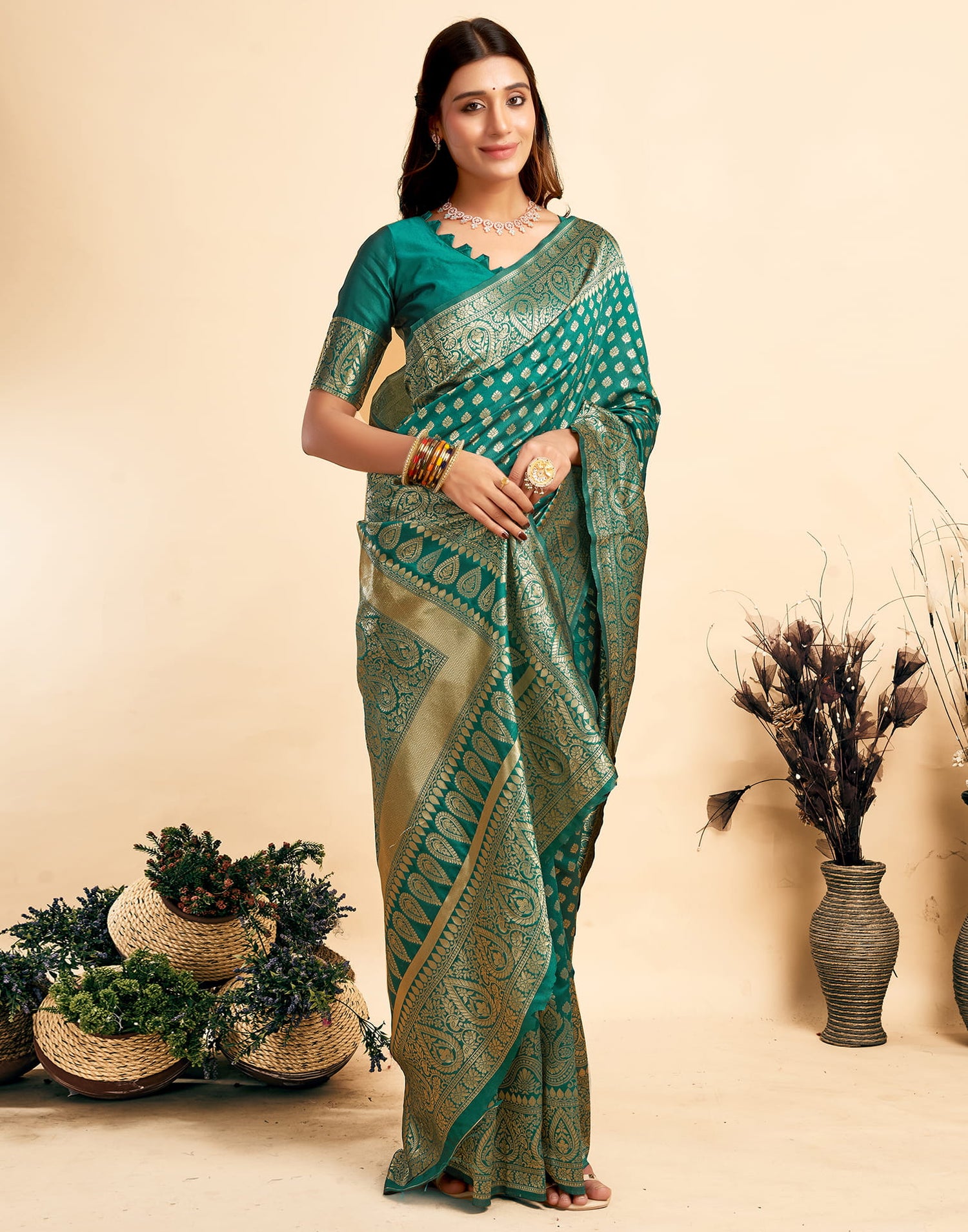 Teal Green Silk Woven Banarasi Saree