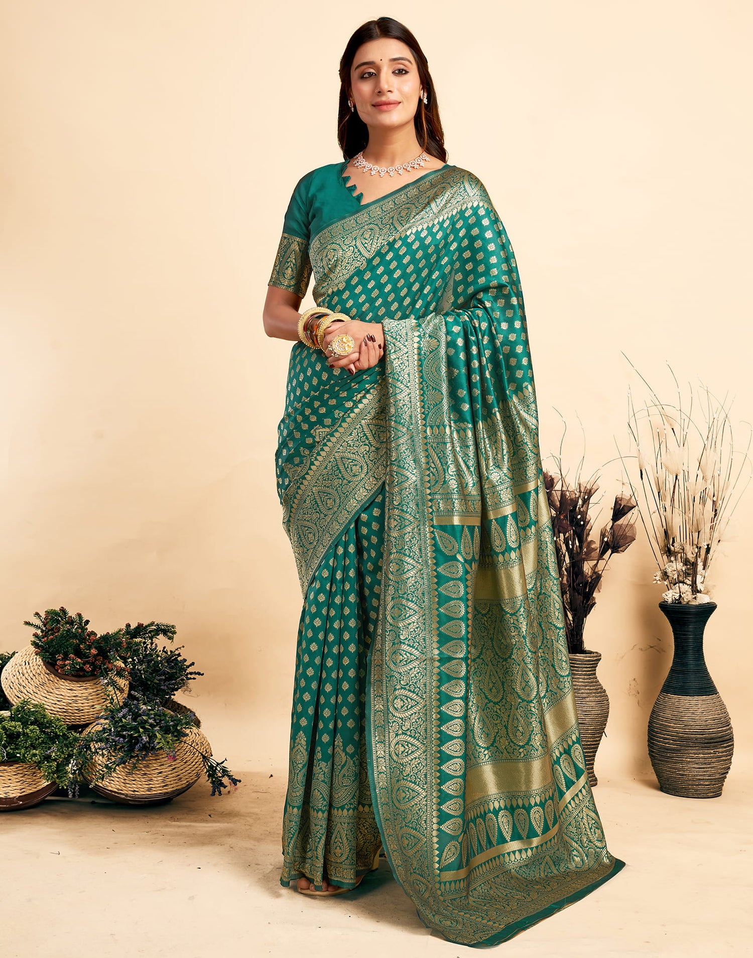 Teal Green Silk Woven Banarasi Saree