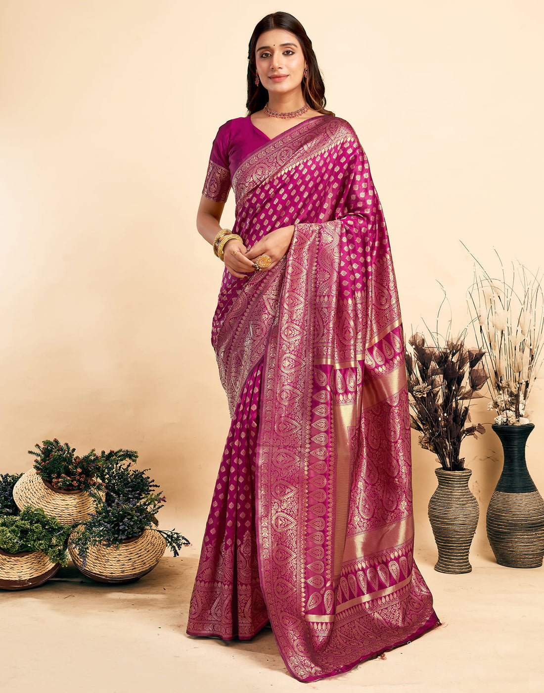 Dark Magenta Silk Woven Banarasi Saree