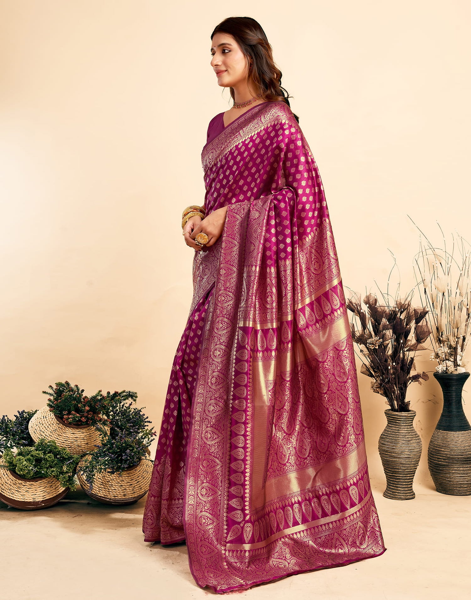 Dark Magenta Woven Banarasi Silk Saree